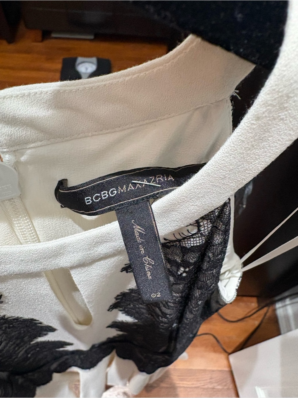 BCBGMaxAzria Ivory Dress with Black Lace Overlay - Picture 6 of 6